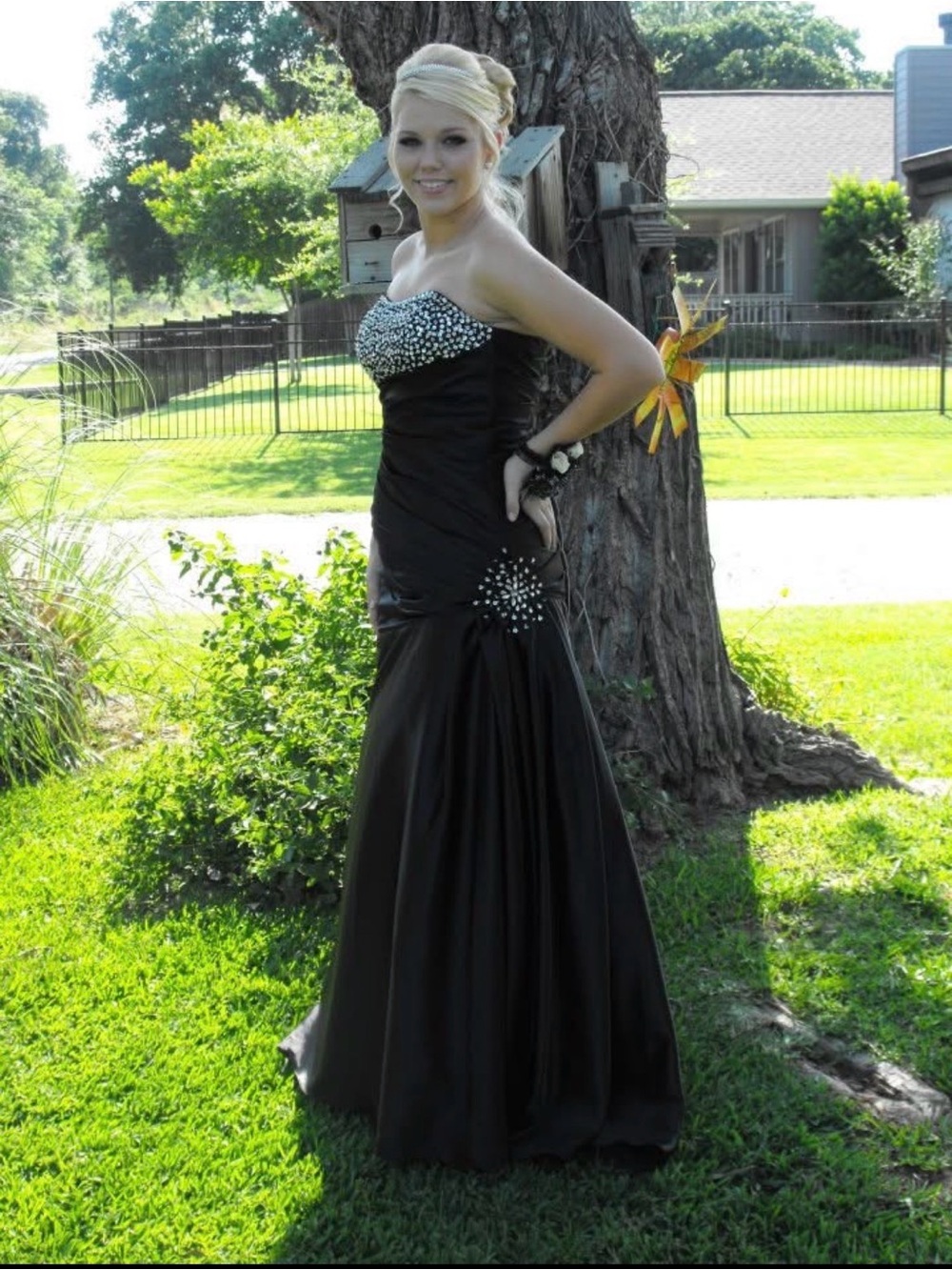 Y2K Black Rhinestone Corset Prom Dress Formal Ball Gown Size 10